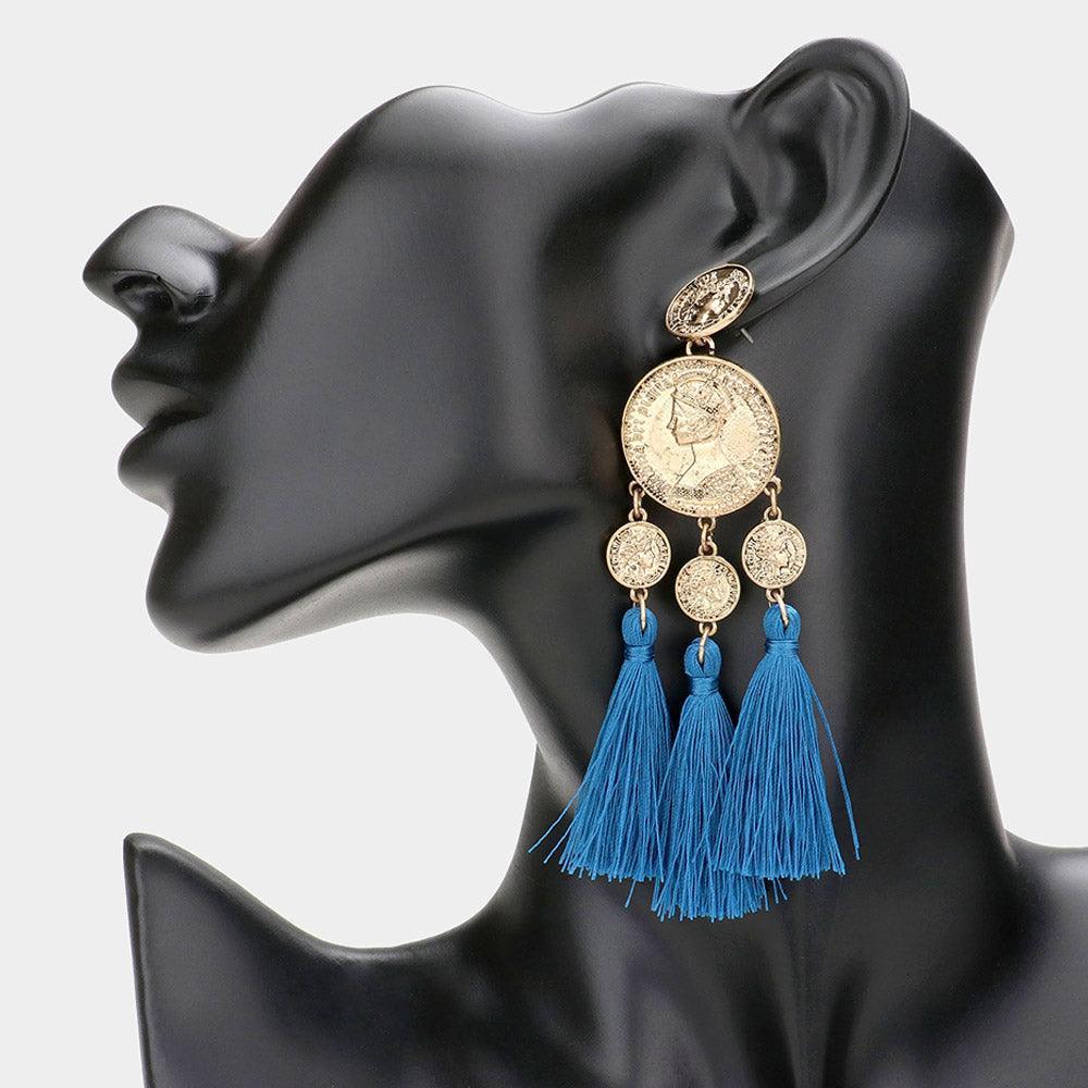 Metal Coin Triple Tassel Dangle Earrings - Jewelry Store by Erik Rayo