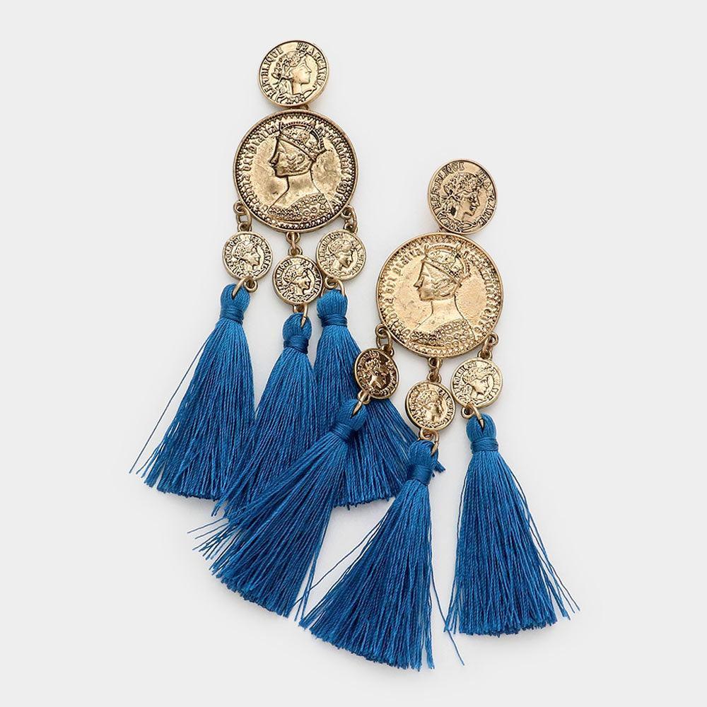 Metal Coin Triple Tassel Dangle Earrings - Jewelry Store by Erik Rayo