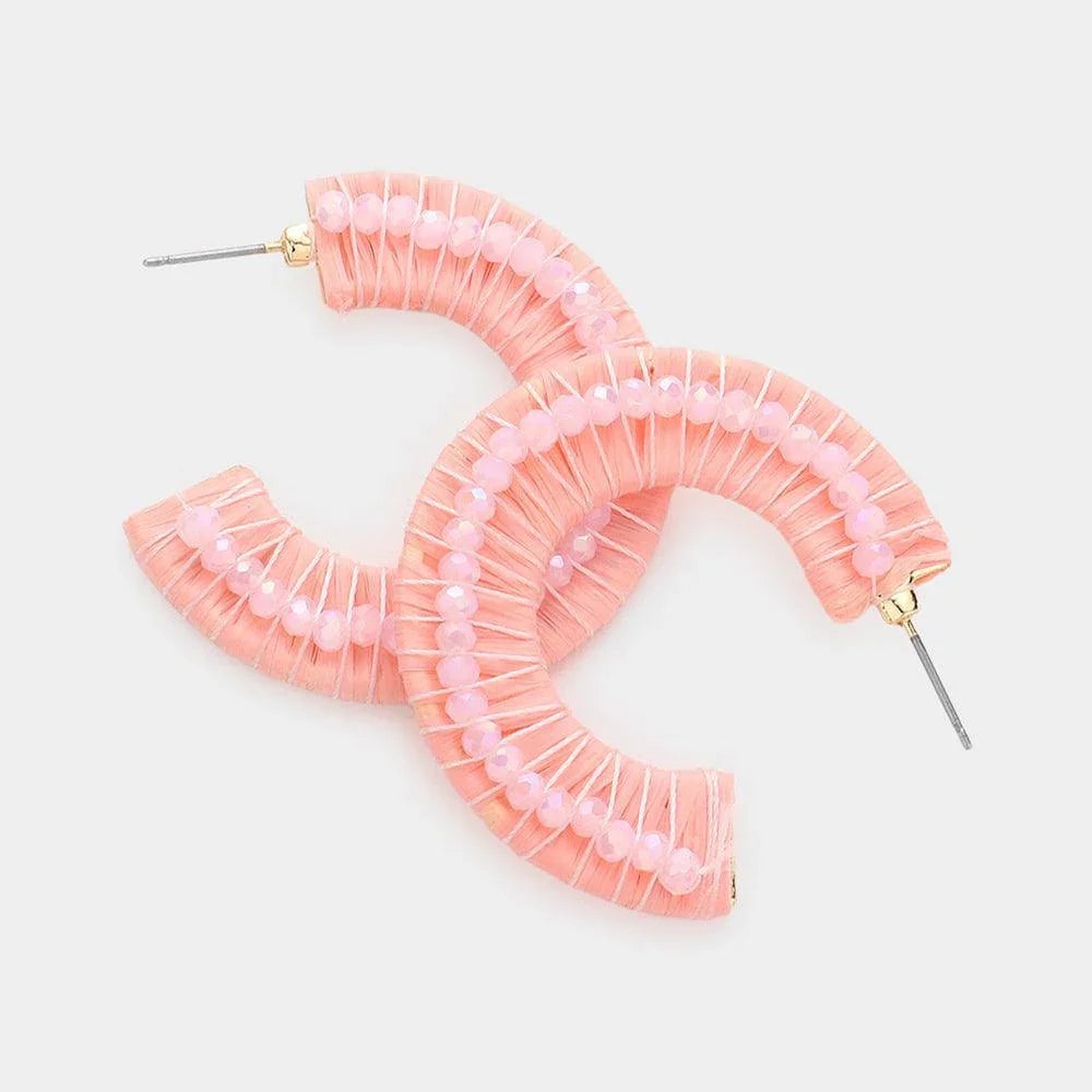 Pink Faceted Bead Embellished Raffia Wrapped Hoop Earrings - Jewelry Store by Erik Rayo