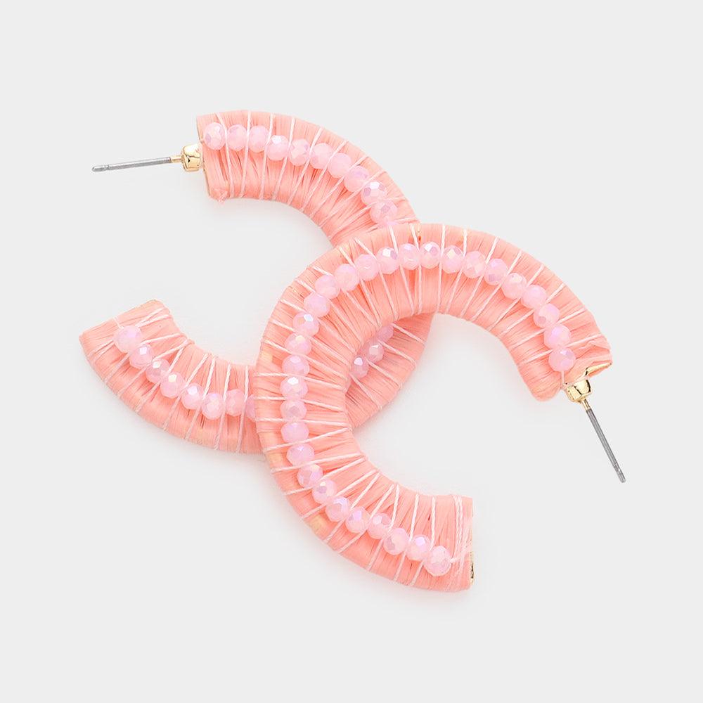 Pink Faceted Bead Embellished Raffia Wrapped Hoop Earrings