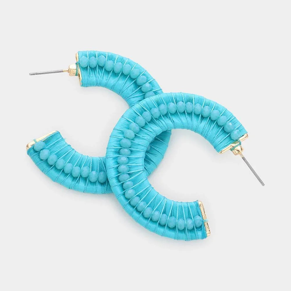Turquoise Faceted Bead Embellished Raffia Wrapped Hoop Earrings - Jewelry Store by Erik Rayo