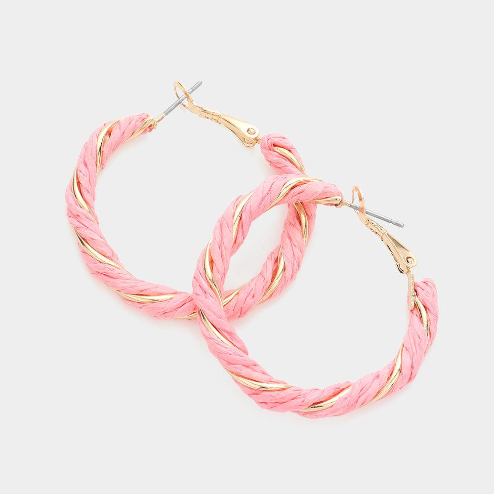 Pink Twisted Raffia Hoop Earrings