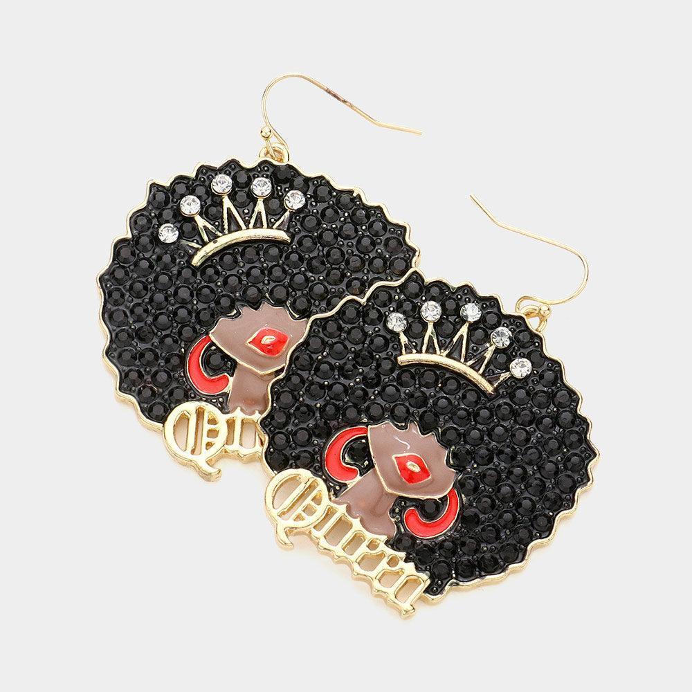 Black Stone Embellished Queen Message Afro Girl Dangle Earrings - Jewelry Store by Erik Rayo