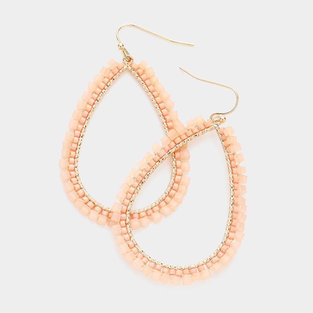 Beige Cube Bead Trimmed Open Teardrop Dangle Earrings - Jewelry Store by Erik Rayo