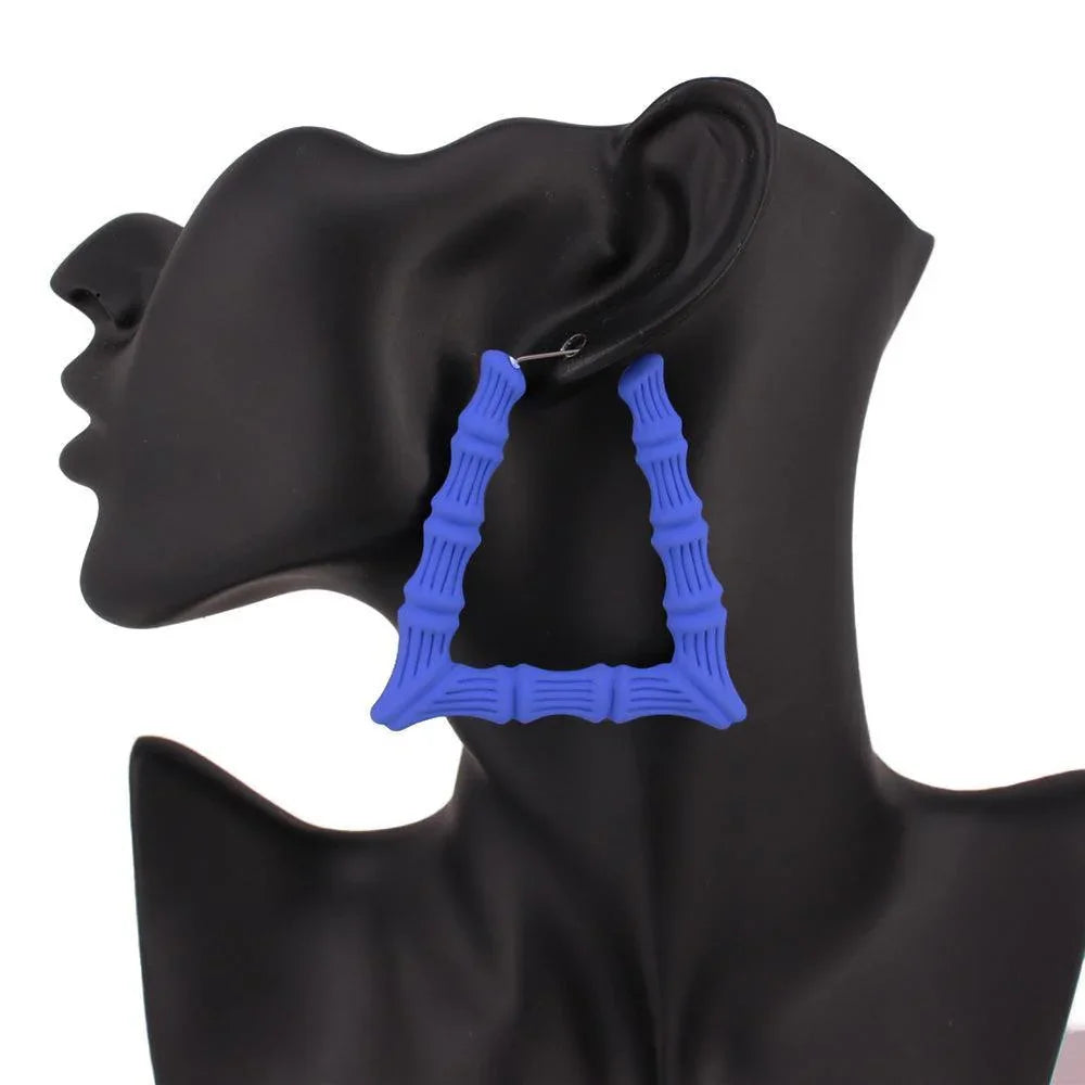 Blue Colored Bamboo Trapezoid Hoop Earrings - Jewelry Store by Erik Rayo