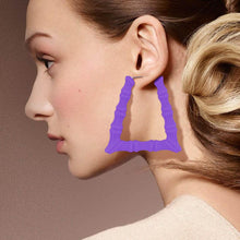 Load image into Gallery viewer, Purple Colored Bamboo Trapezoid Hoop Earrings
