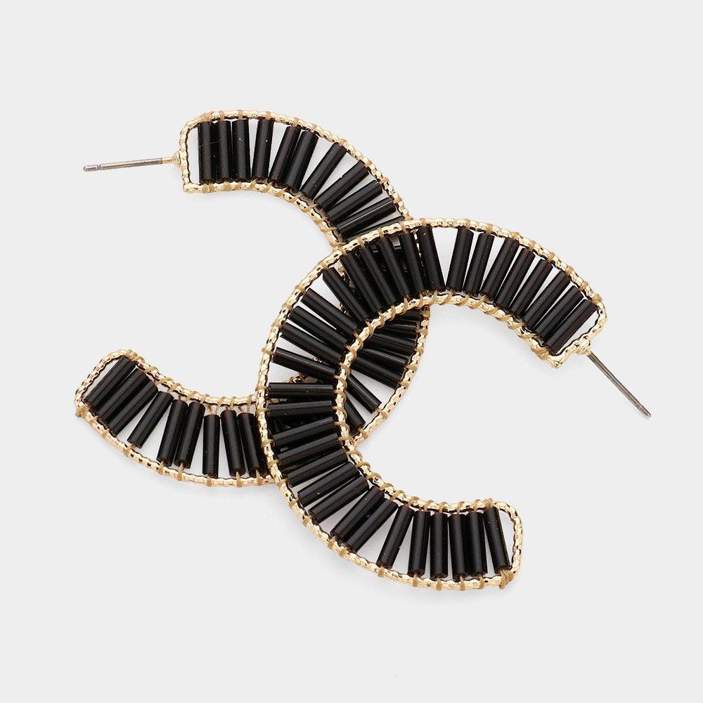 Black Cylinder Beaded Hoop Earrings - Jewelry Store by Erik Rayo