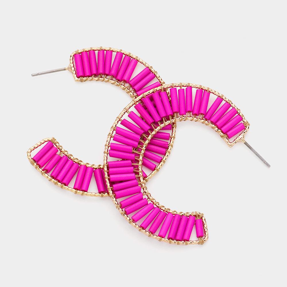 Pink Cylinder Beaded Hoop Earrings