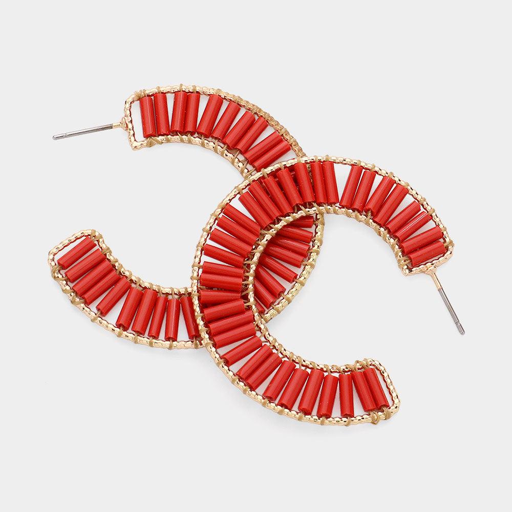 Red Cylinder Beaded Hoop Earrings