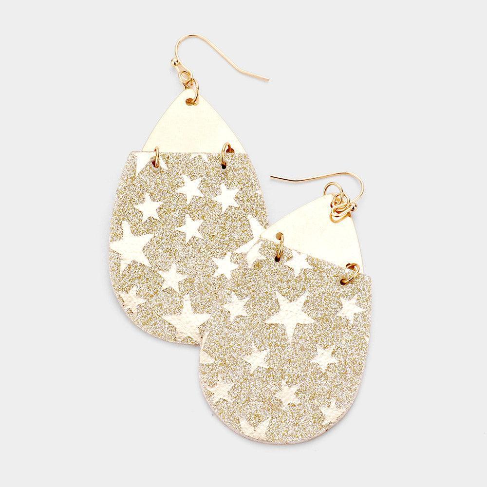 Gold Bling Glitter Star Pattern Accented Teardrop Earrings - Jewelry Store by Erik Rayo