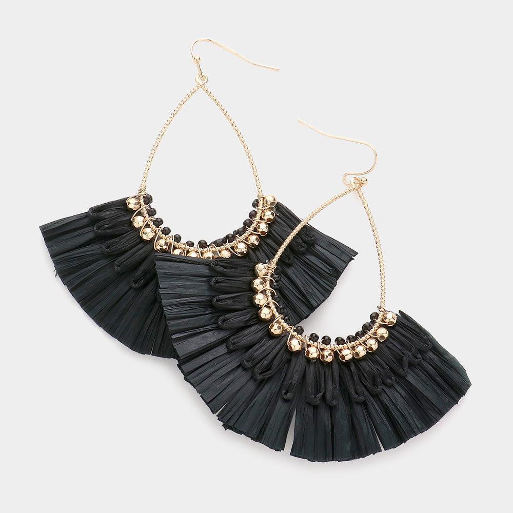 Black Open Teardrop Raffia Fan Tassel Dangle Earrings - Jewelry Store by Erik Rayo