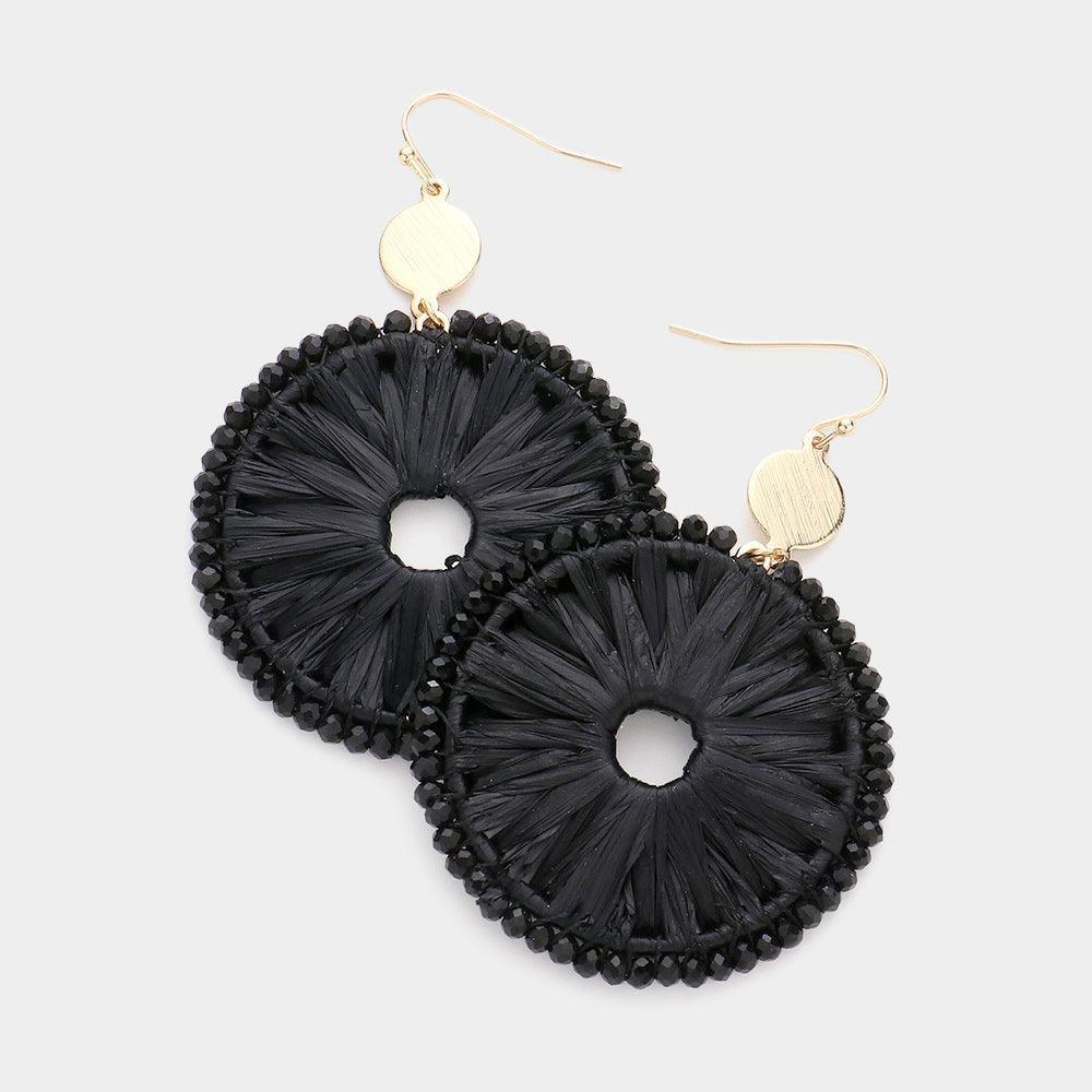 Black Faceted Bead Trimmed Woven Raffia Round Dangle Earrings - Jewelry Store by Erik Rayo