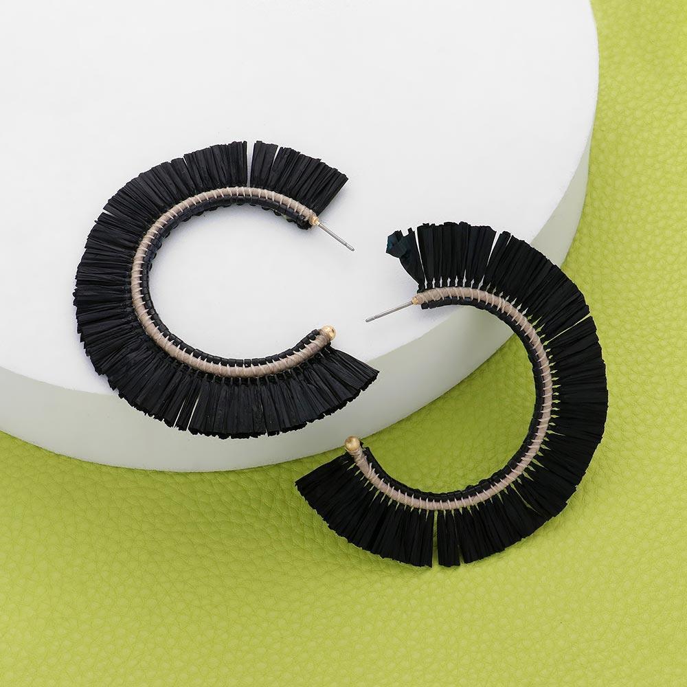 Black Raffia Trimmed Hoop Earrings - Jewelry Store by Erik Rayo