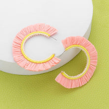 Load image into Gallery viewer, Pink Raffia Trimmed Hoop Earrings
