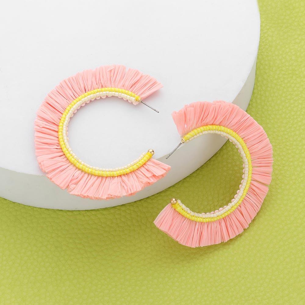 Pink Raffia Trimmed Hoop Earrings