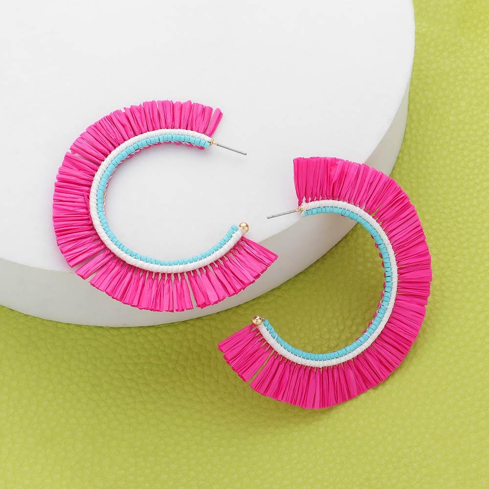 Pink Raffia Trimmed Hoop Earrings