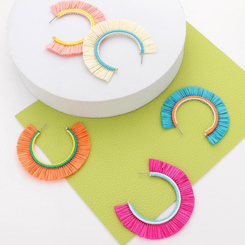 Pink Raffia Trimmed Hoop Earrings - Jewelry Store by Erik Rayo