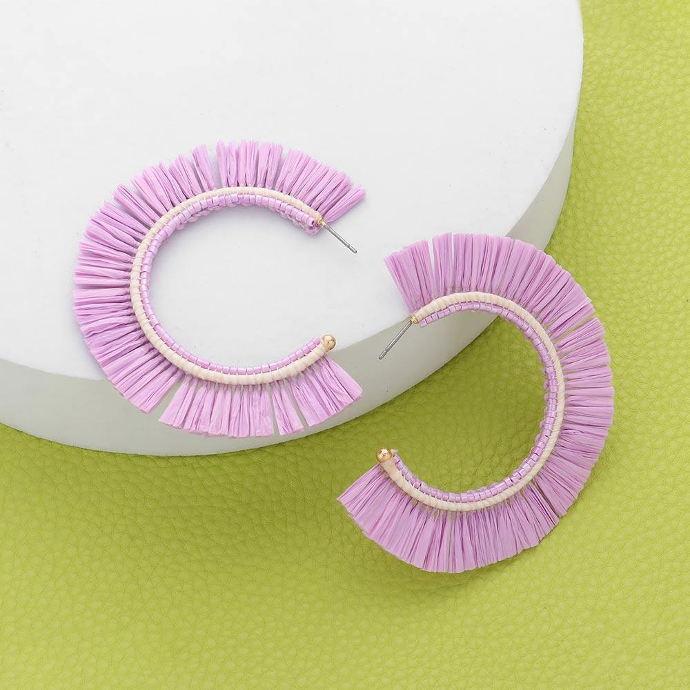 Lavender Raffia Trimmed Hoop Earrings - Jewelry Store by Erik Rayo