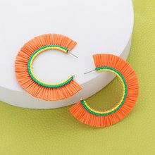 Load image into Gallery viewer, Orange Raffia Trimmed Hoop Earrings
