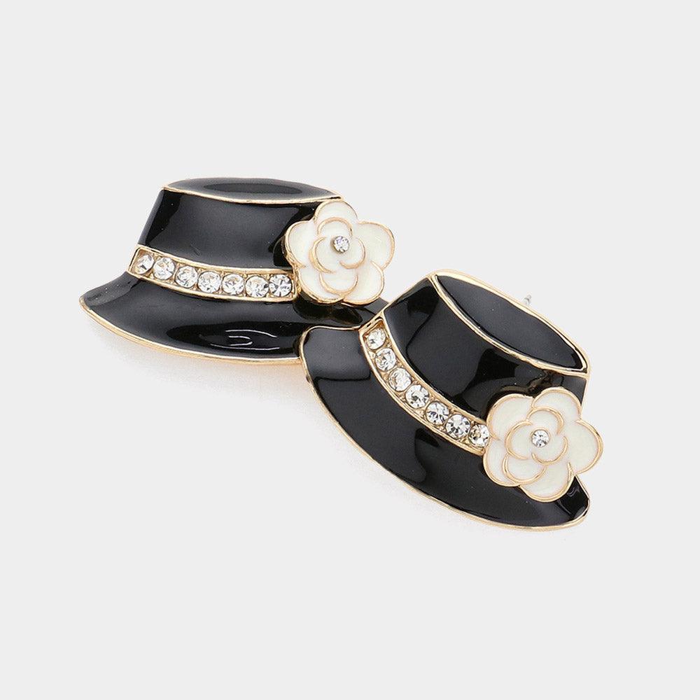Black Stone Paved Enamel Hat with Corsage Earrings - Jewelry Store by Erik Rayo