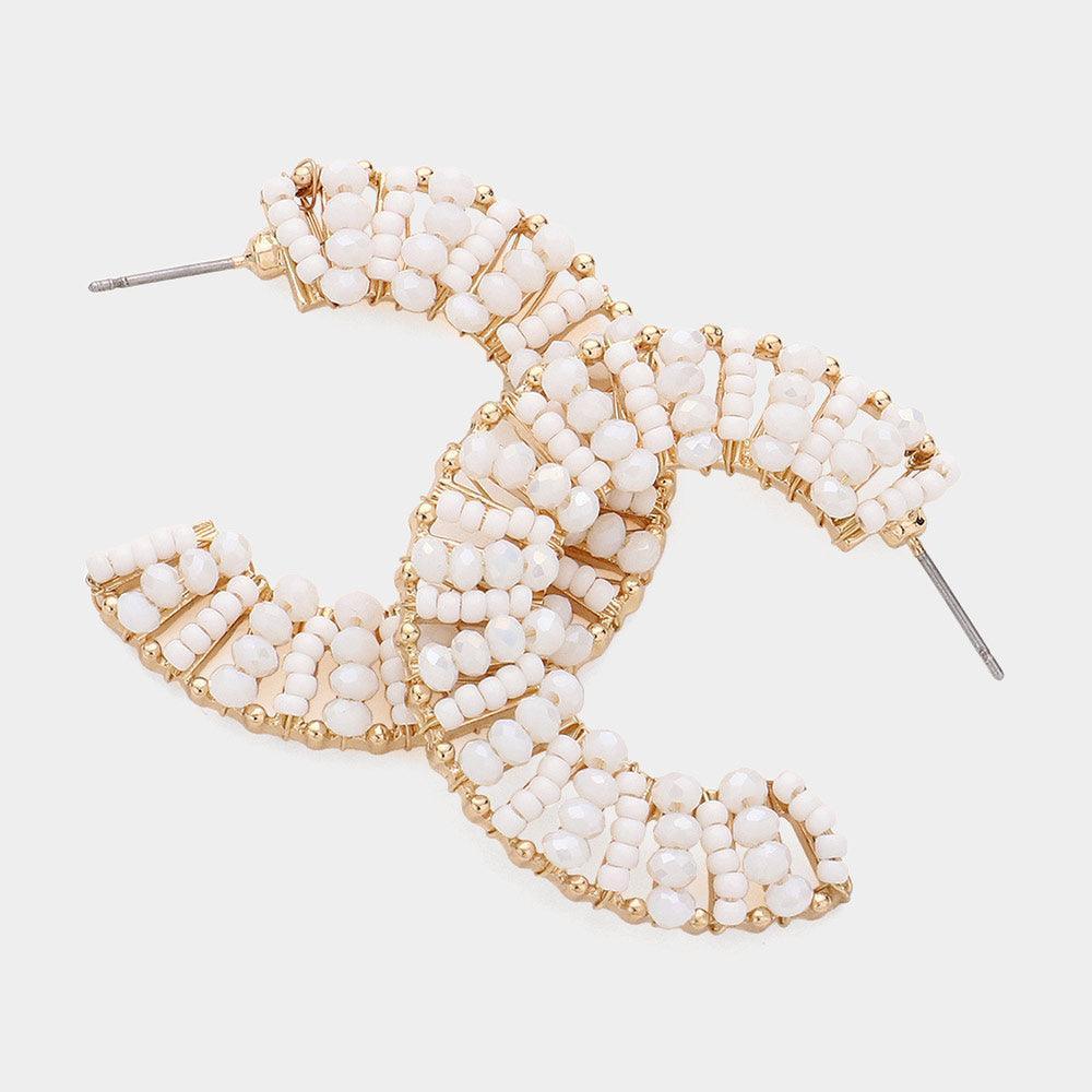 White Faceted Beaded Hoop Earrings - Jewelry Store by Erik Rayo
