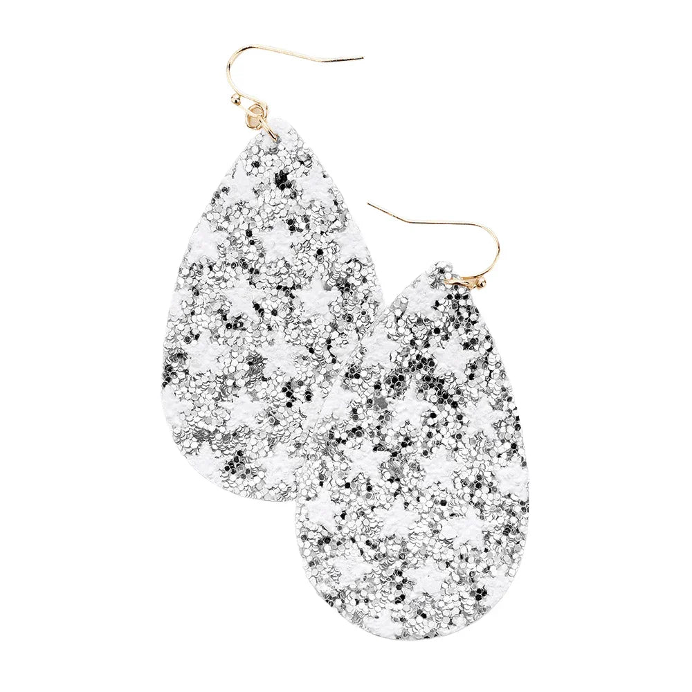 Silver Bling Glitter Star Pattern Accented Teardrop Earrings - Jewelry Store by Erik Rayo