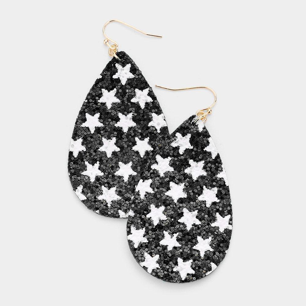 Black Bling Glitter Star Pattern Accented Teardrop Earrings - Jewelry Store by Erik Rayo