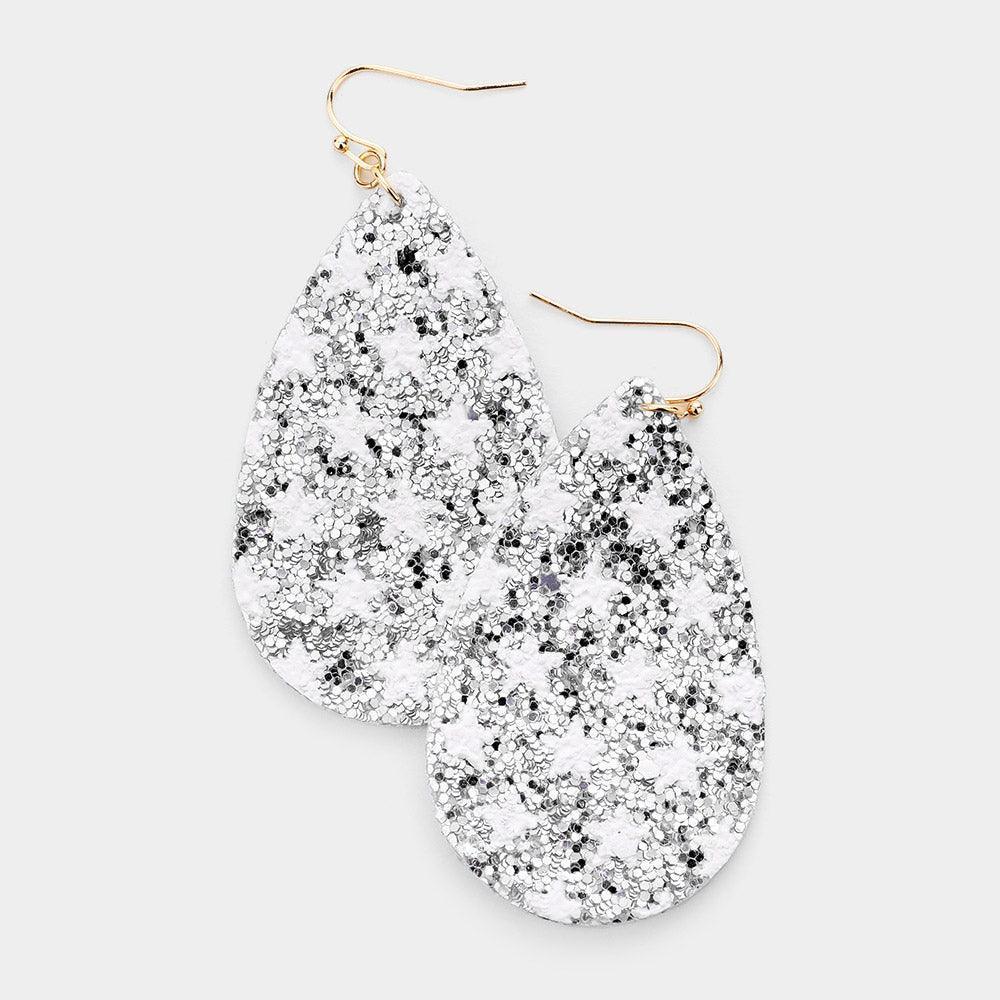 Silver Bling Glitter Star Pattern Accented Teardrop Earrings - Jewelry Store by Erik Rayo