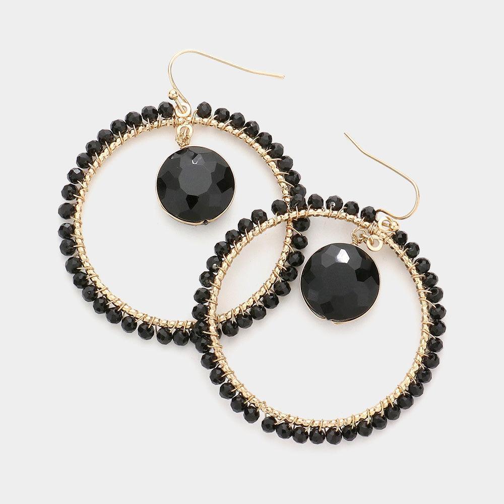 Black Round Stone Accented Faceted Bead Trimmed Open Circle Dangle Earrings - Jewelry Store by Erik Rayo