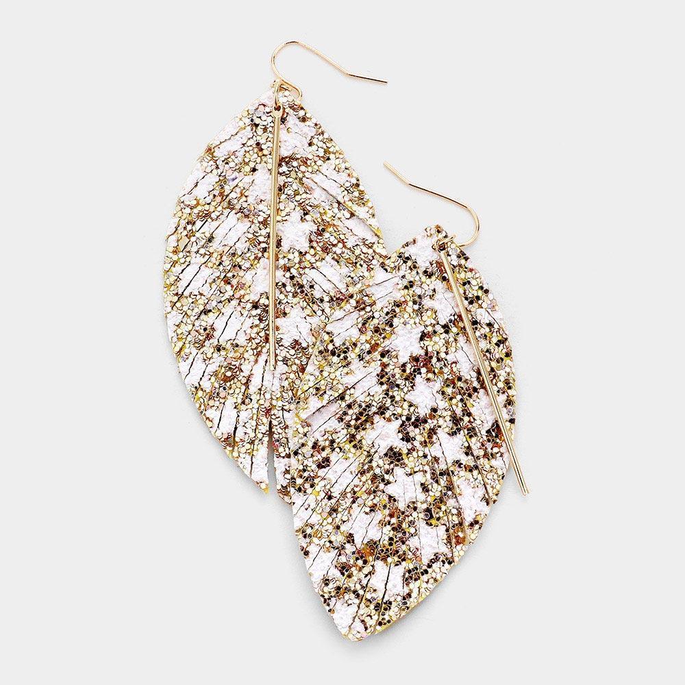 Gold Metal Bar Bling Glitter Star Pattern Accented Feather Earrings - Jewelry Store by Erik Rayo