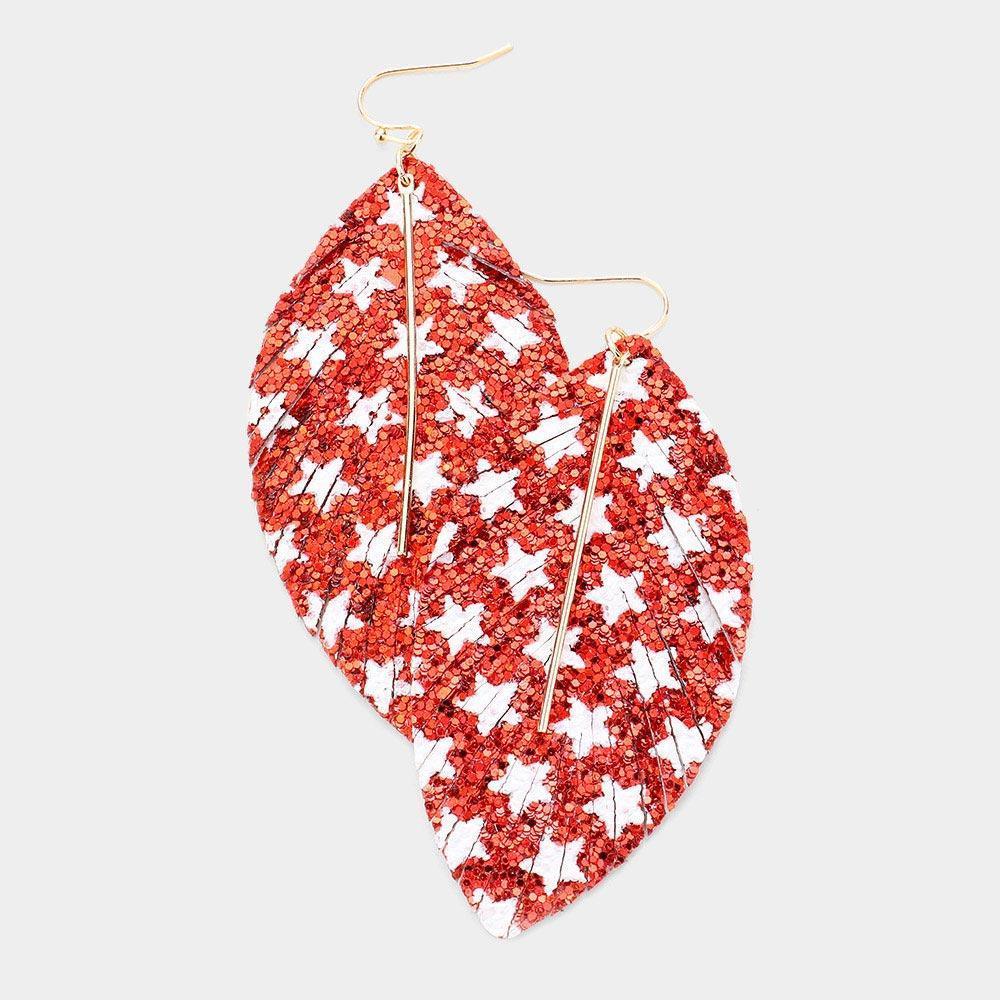Red Metal Bar Bling Glitter Star Pattern Accented Feather Earrings - Jewelry Store by Erik Rayo