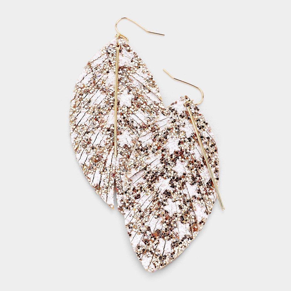 Rose Gold Metal Bar Bling Glitter Star Pattern Accented Feather Earrings - Jewelry Store by Erik Rayo