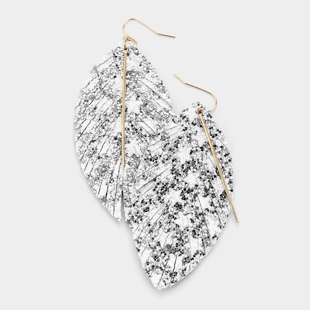 Silver Metal Bar Bling Glitter Star Pattern Accented Feather Earrings - Jewelry Store by Erik Rayo