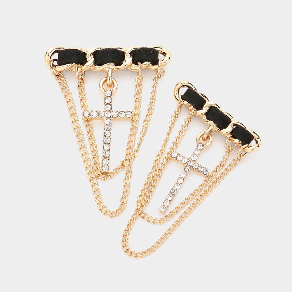 Gold Stone Paved Cross Chain Embellished Earrings