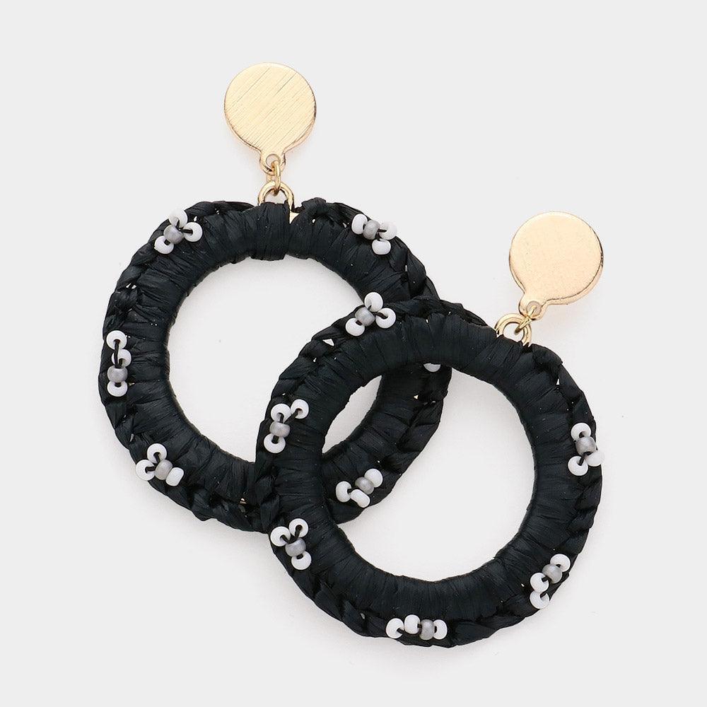 Black Seed Bead Embellished Raffia Open Circle Dangle Earrings - Jewelry Store by Erik Rayo
