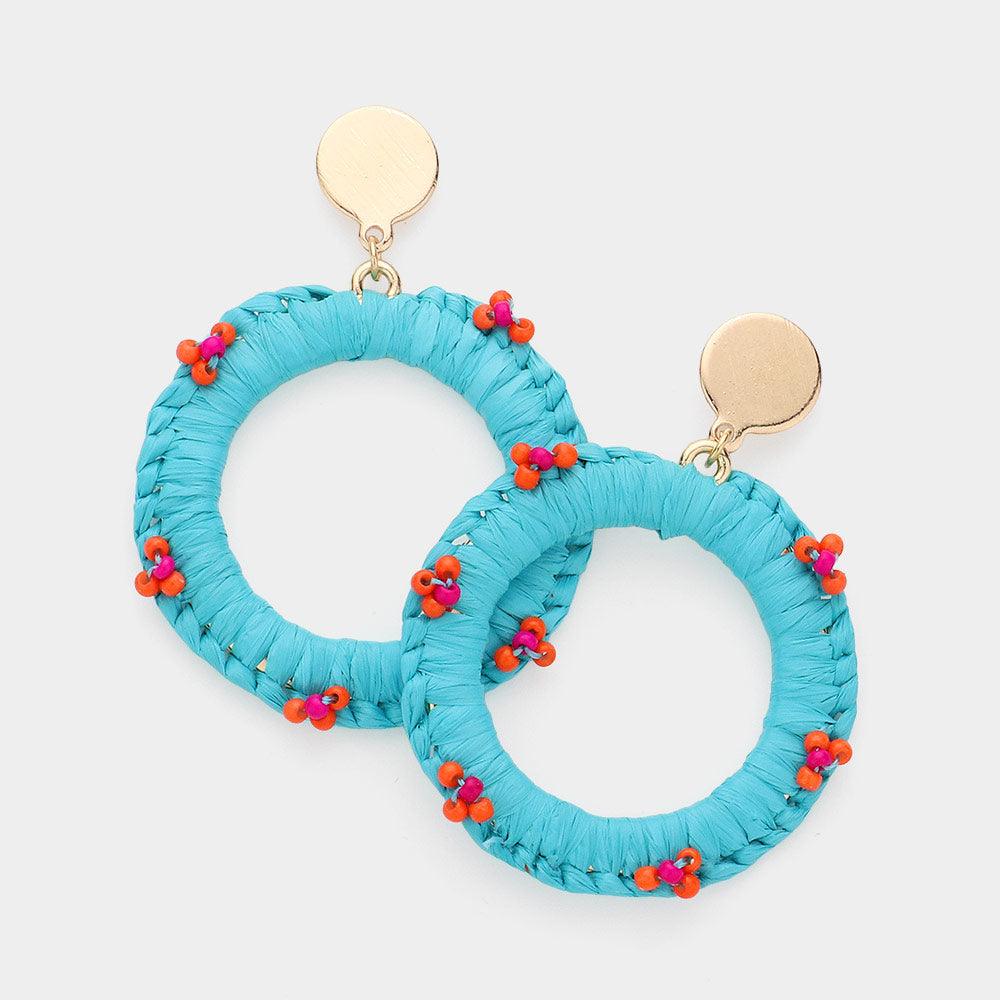 Turquoise Seed Bead Embellished Raffia Open Circle Dangle Earrings