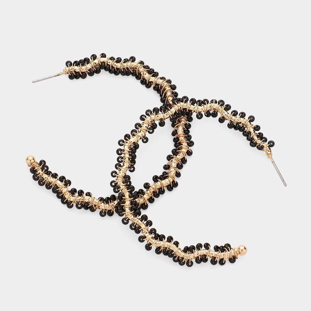 Black Seed Bead Wrapped Wavy Hoop Earrings - Jewelry Store by Erik Rayo