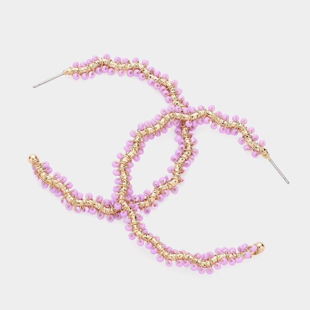 Lavender Seed Bead Wrapped Wavy Hoop Earrings - Jewelry Store by Erik Rayo