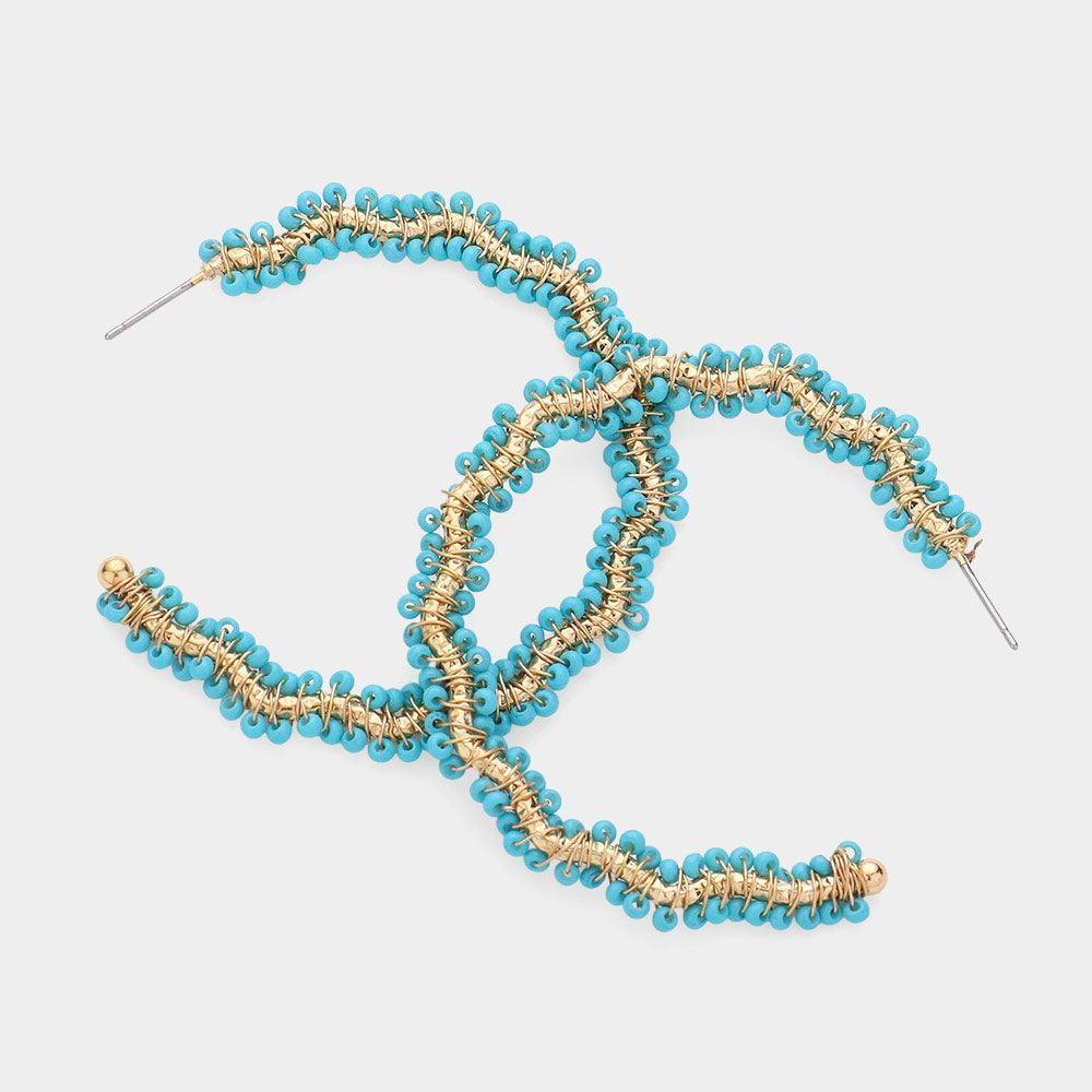 Turquoise Seed Bead Wrapped Wavy Hoop Earrings - Jewelry Store by Erik Rayo