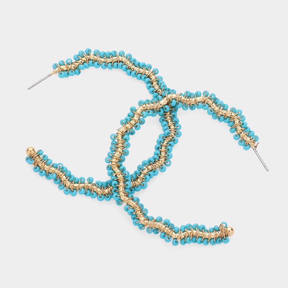 Turquoise Seed Bead Wrapped Wavy Hoop Earrings