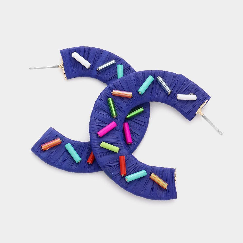 Blue Cylinder Bead Embellished Raffia Hoop Earrings - Jewelry Store by Erik Rayo