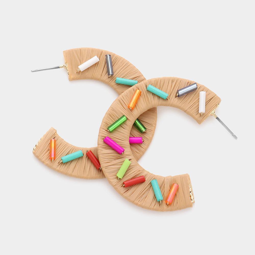 Beige Cylinder Bead Embellished Raffia Hoop Earrings - Jewelry Store by Erik Rayo