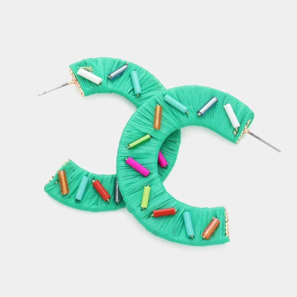 Green Cylinder Bead Embellished Raffia Hoop Earrings - Jewelry Store by Erik Rayo