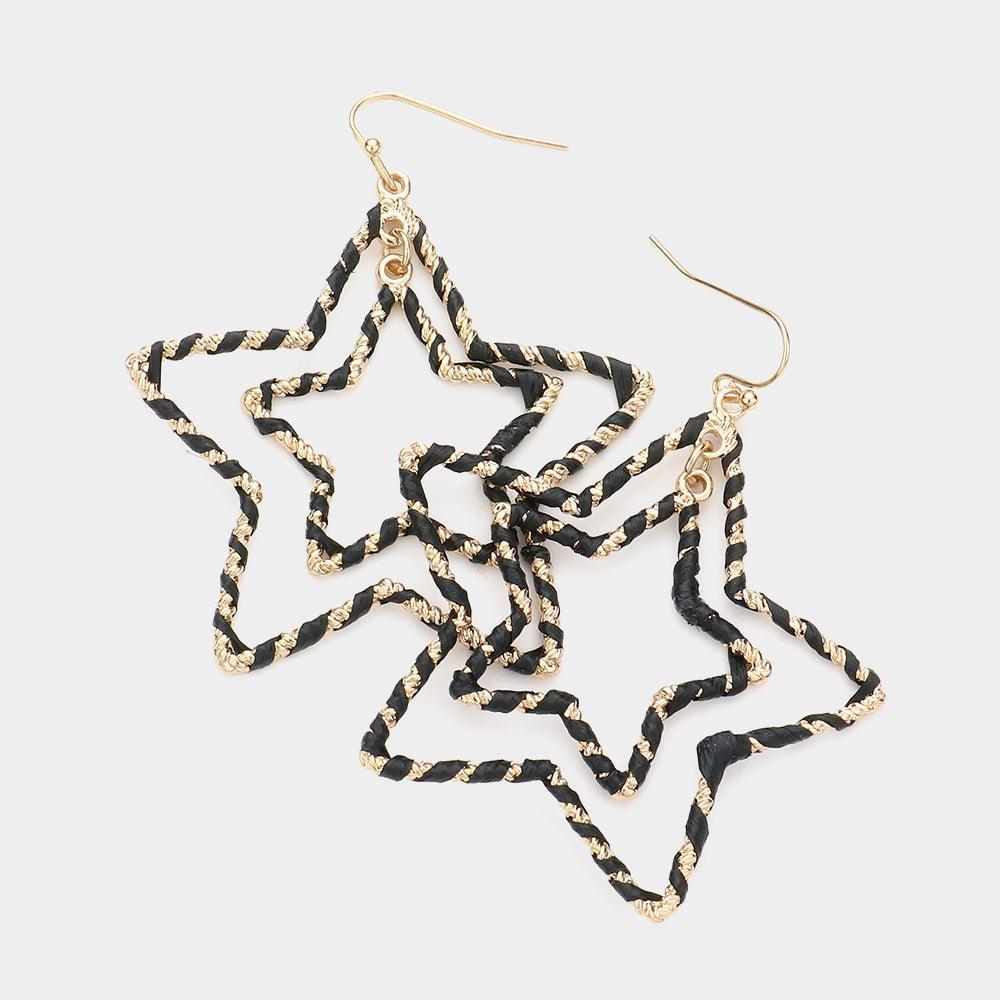 Black Raffia Wrapped Double Open Metal Star Link Dangle Earrings - Jewelry Store by Erik Rayo