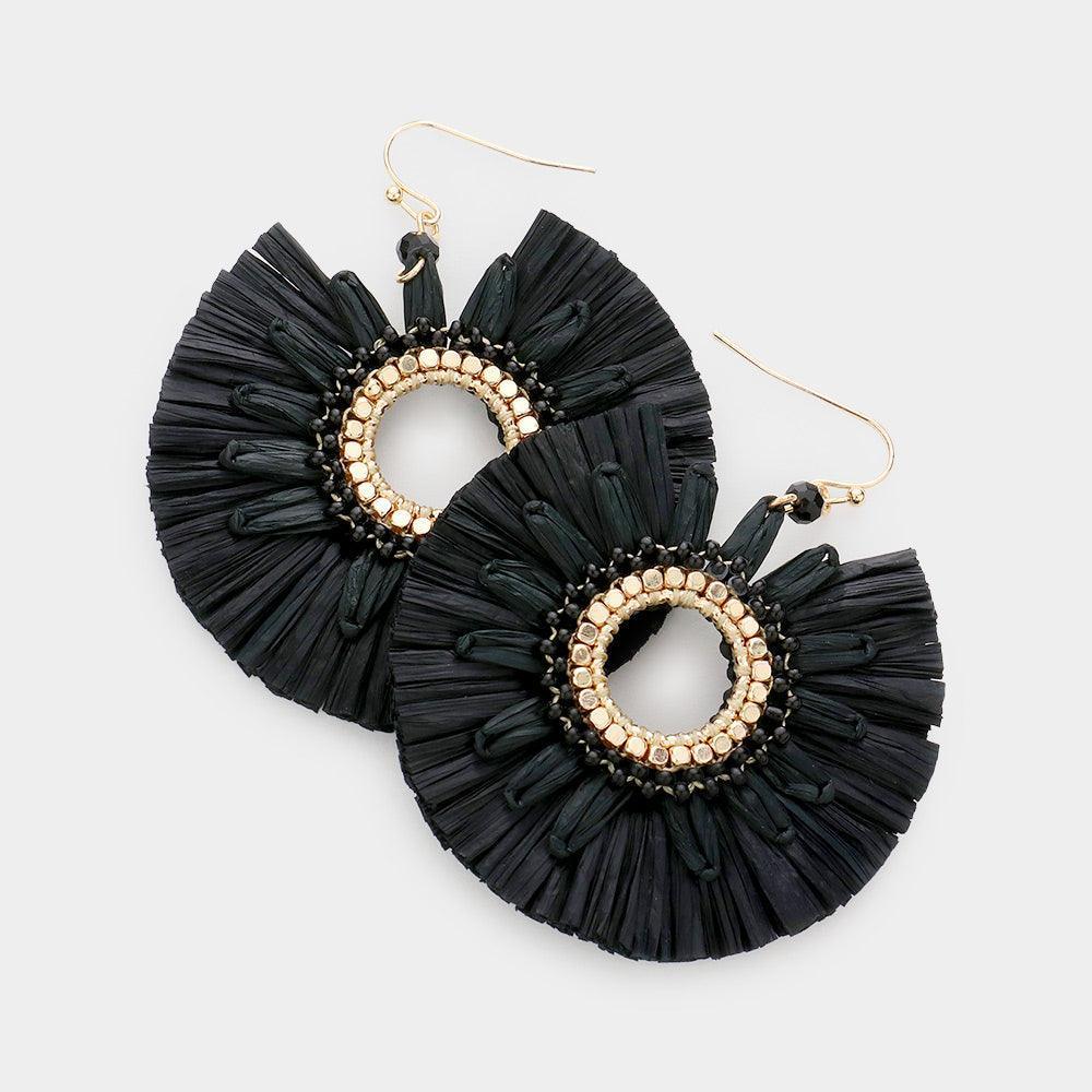 Black Raffia Trimmed Open Circle Dangle Earrings - Jewelry Store by Erik Rayo