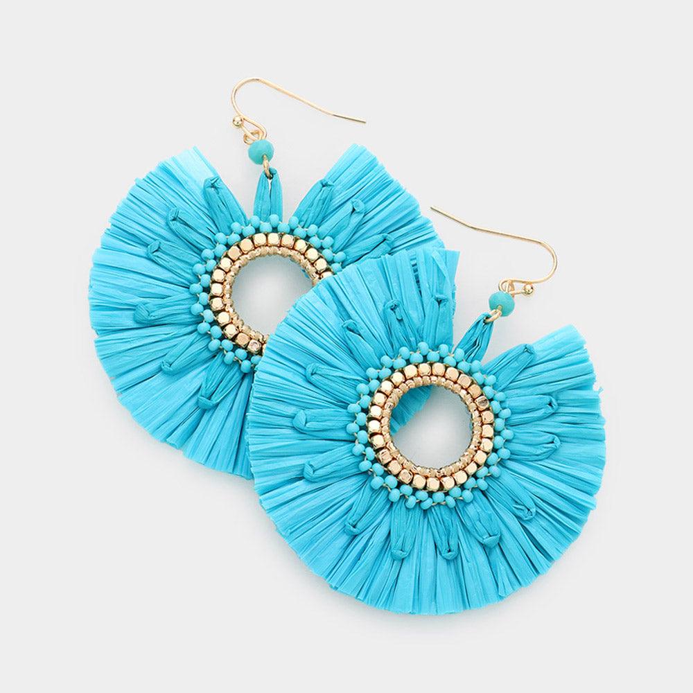 Turquoise Raffia Trimmed Open Circle Dangle Earrings