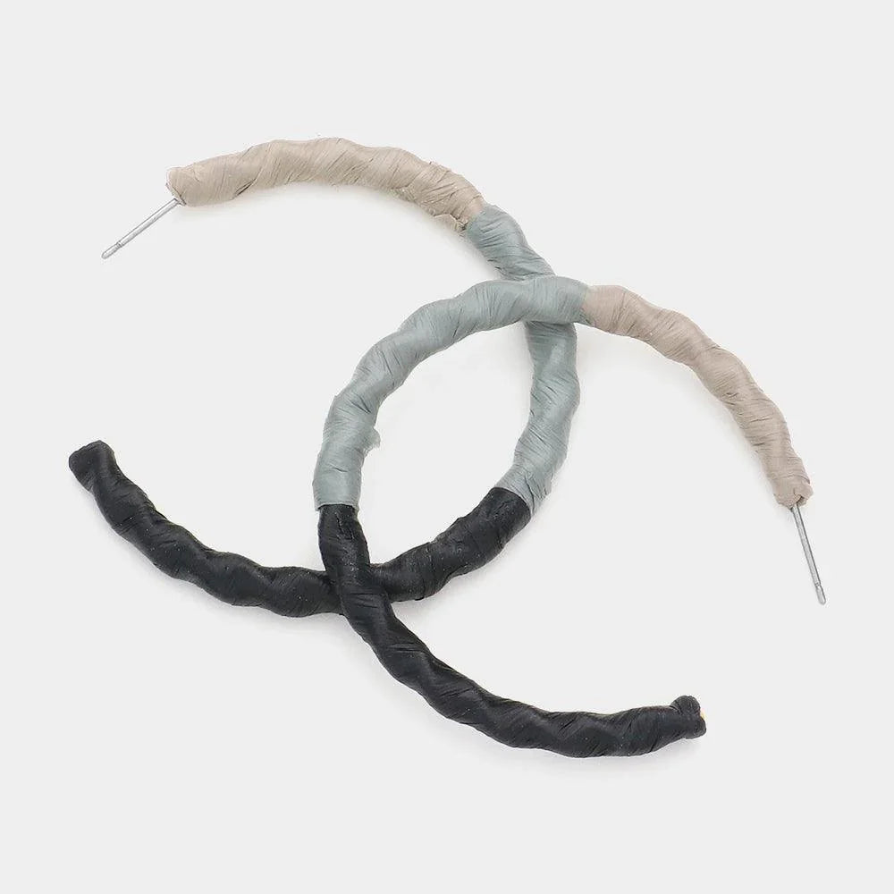 Black Raffia Wrapped Wavy Hoop Earrings - Jewelry Store by Erik Rayo