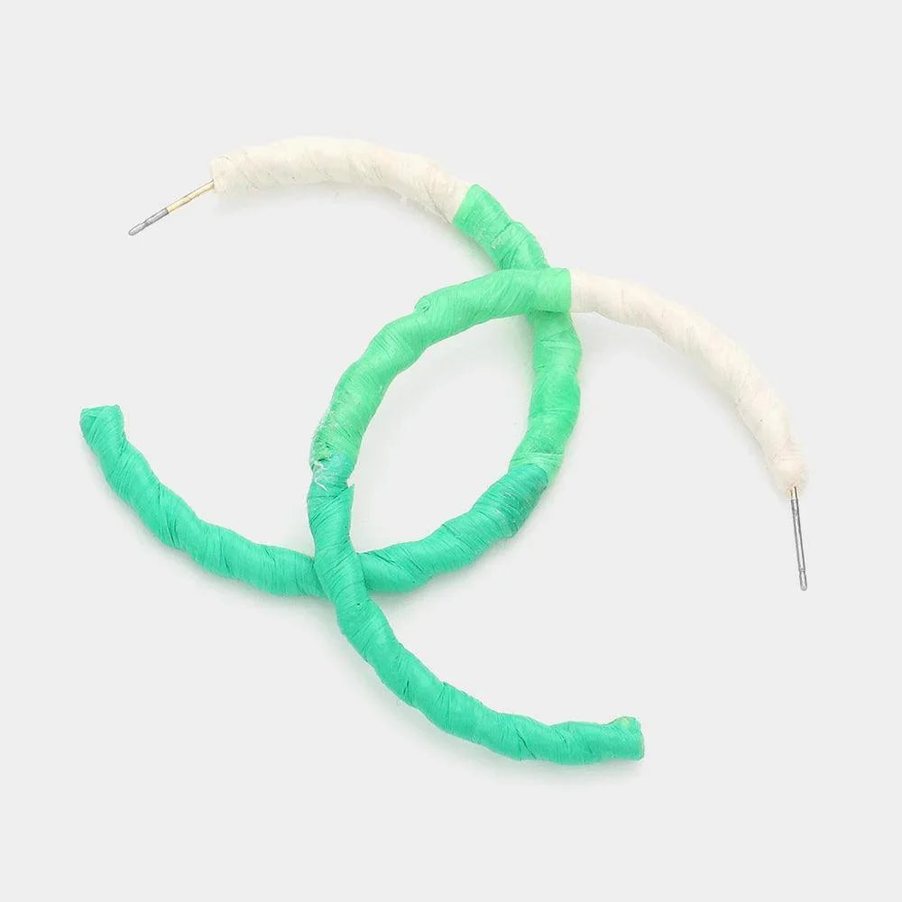 Green Raffia Wrapped Wavy Hoop Earrings - Jewelry Store by Erik Rayo