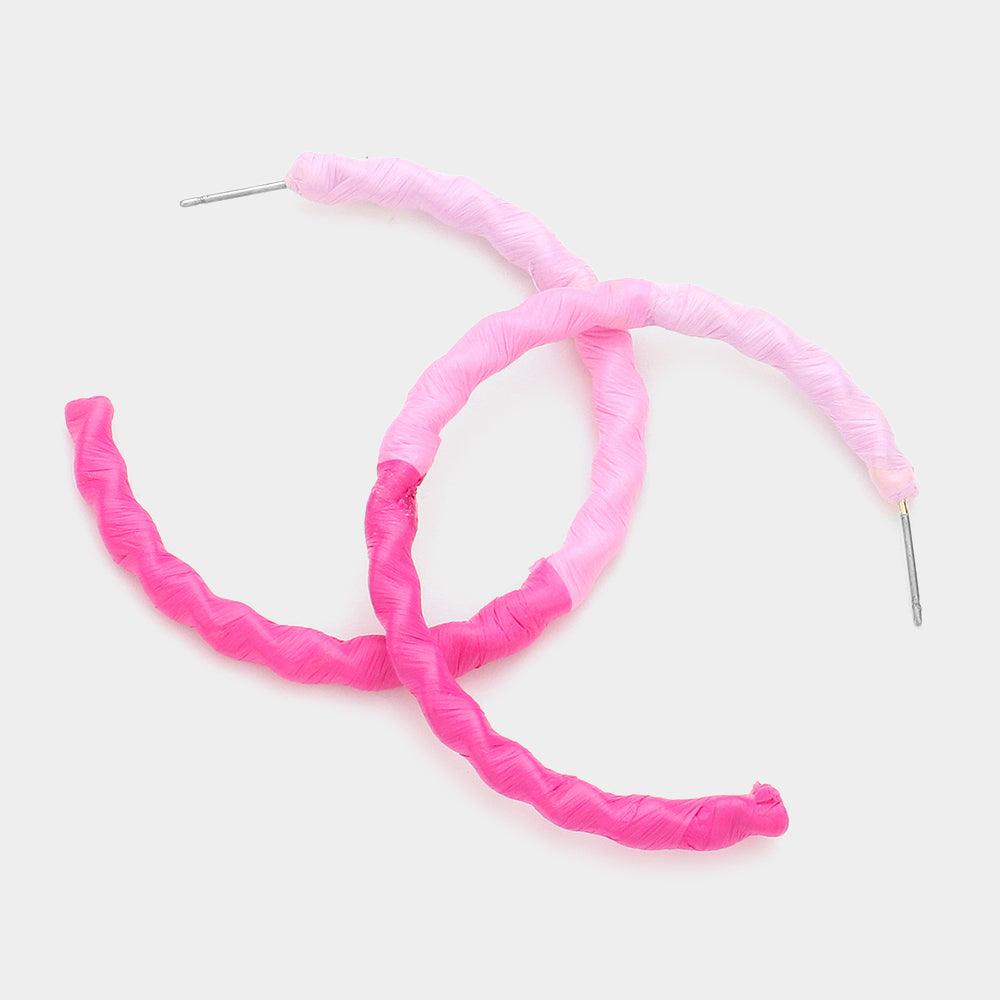 Pink Raffia Wrapped Wavy Hoop Earrings