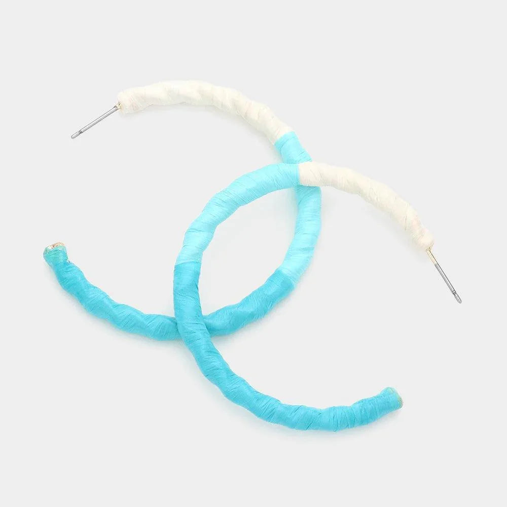 Turquoise Raffia Wrapped Wavy Hoop Earrings - Jewelry Store by Erik Rayo